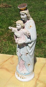 Antique Virgin Mary with Child Porcelain Statuette Vieux Bruxelles Style 14.1"