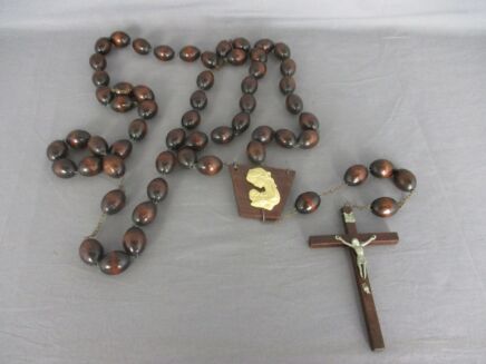Large Vintage Rosary Wooden Beads Wall Hanging Priest Nun Service Domino Virgin and Infant Crucifix