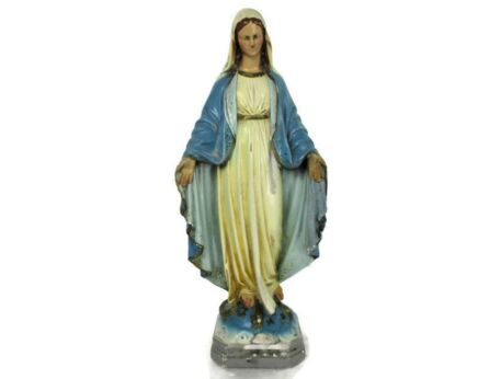 Virgin Mary Madonna Plaster Statue Polychrome Open Hands Treading on Snake Polychrome 15.74"