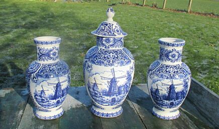 3 set Delft Blue Dutch 2 Vases Urn Marked Delfts Bleau Windmill Lovely