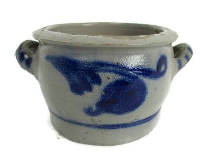 Antique French Stoneware Earthenware Crock Jar Lard Cobalt gray Barn Country