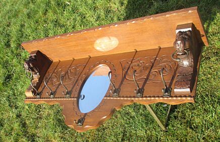 Antique Flemish Carved Oak Coat Hat Rack Lion Heads Oval Mirror Beveled glass