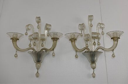 Pair Venini Vittoriale Napoleone Martinuzzi Murano Crystal Wall Sconces Signed