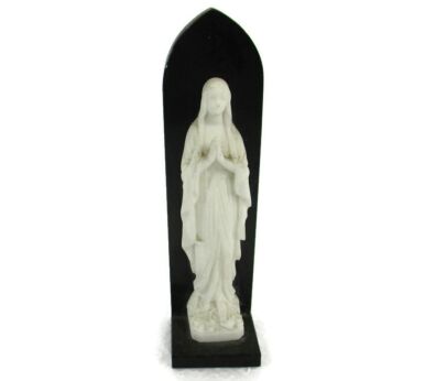 Mini Statue Madonna Notre Dame de Lourdes Bisque on Marble Base French Virgin HTF collector