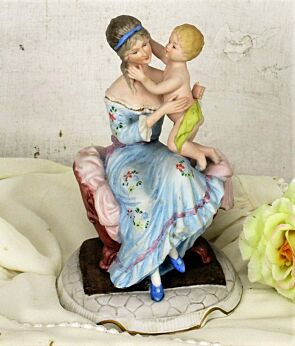 Bisque Porcelain Polychrome Statue Figurine Mother and Child Victorian Style