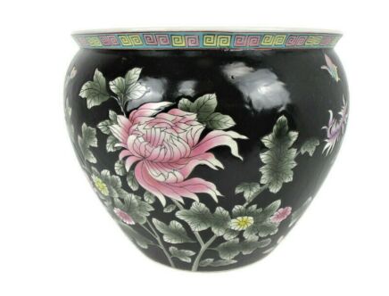 Huge Vintage Chinese Porcelain Enamel Famille Rose Koi Fish Bowl Planter Vase  Cachepot Flowers Black Flowers  Stunning