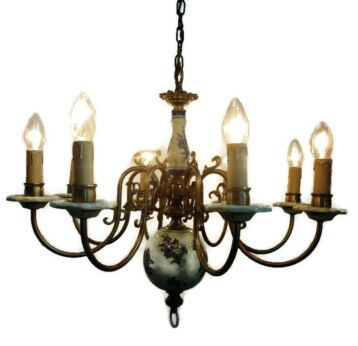 Vintage Delft Blue White Porcelain Brass Chandelier Dutch Romantic 8 Arms Lights