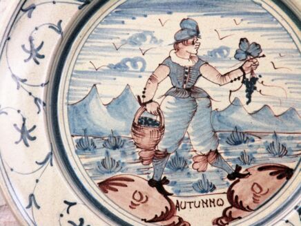 Italian Hand Painted Charger Plate Autumno Autumn Grapes Vintage Blue 15.35"