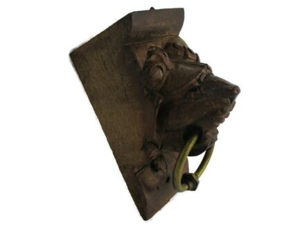 Corbel Hand Carved Wood PanelsArchitectural reclaimed Lion Head Trim Brass Ring Antique