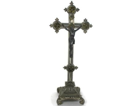 French Vintage Standing Crucifix Jesus Christ Fleurs de lis Lys Spelter Ornate Brass pieces