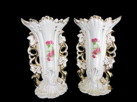 Pair Couple Vintage Porcelain Fan Flair Vases Victorian Style Courting Couple Beautiful Decorative 10.43"