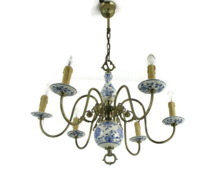 Dutch Delft Blue White Porcelain Ornate Brass Chandelier 6 Arm Lights Barn Style