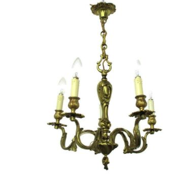French Chandelier 5 Arms Lights Brass Hollywood Regency Ornate Etched Brass