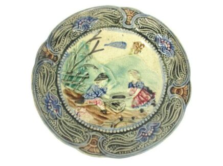 Small Plate Majolica Barbotine Children on Seesaw Wasmuel Belgium Ornate 7.87"
