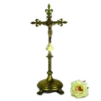 French Standing crucifix Cross Jesus Christ Ornate Brass Fleur de Lis Claw Legs