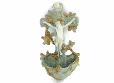 Holy Water Font Vessel Infant Jesus Christ Crucifixion   Bisque HTF Lovely Green Gold
