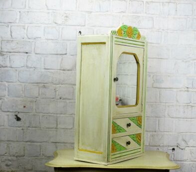 Vintage Wood Medicine Bathroom Cabinet Apothecary Mirror 2 Drawers Yellow green