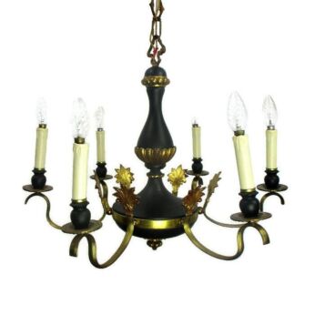 Vintage French Empire Pan Chandelier Green Tole Brass 6 arms Hollywood Regency