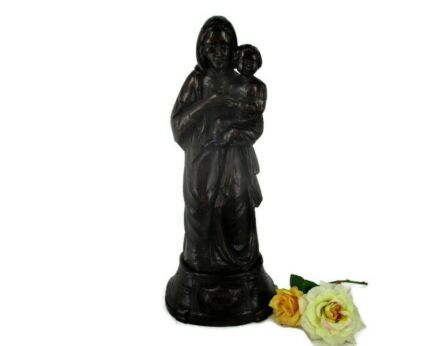 Large Statue Virgin Mary Madonna Infant Child Hand Carved Wood on Carved wooden base Magnificent Sculpture