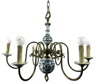 Vintage Delft Blue White Porcelain Brass Chandelier Dutch Romantic 6 Arms Lights