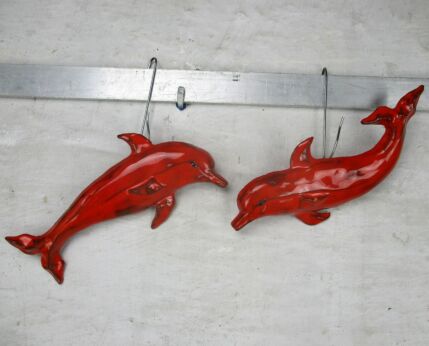 Pair French Red Dolphins Modernist Ceramic Wall Plaque Hangings Marked Yann