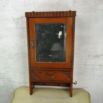 Vintage Ornate Wooden Kitchen Apothecary Wall Cabinet Beveled glass Hobnails