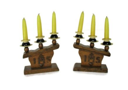 Art deco Couple pair Ornate Candle Holders Candelabras Candelabra 3 arm Religious Wood