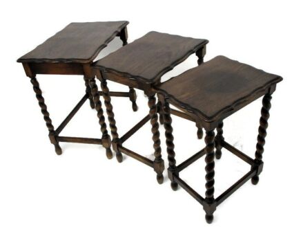 Set of 3 Barley Twist Wooden Nesting Stacking Side Tables Barn Country Style Farmhouse