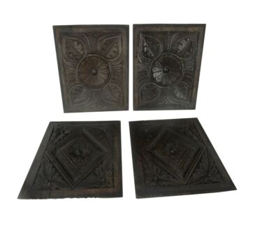 4 small lovely hand carved wooden Ornate panels plaques reclaimed