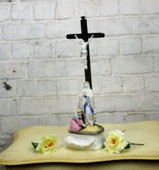 Antique Porcelain Crucifix Christ Holy Water Font Calvary Mary Magdalene WOW