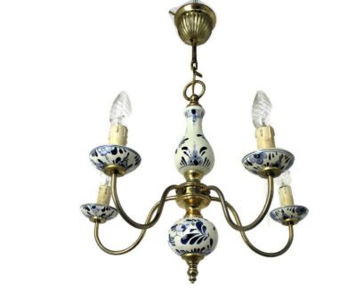 Delft Blue White Porcelain Ornate Brass Chandelier 5 Arm 5 Lights Barn Style
