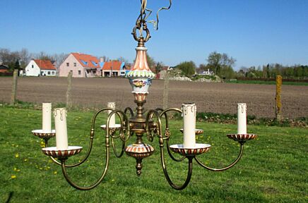 Vintage French Porcelain Chandelier Light Lamp 6 Arm Brass Beautiful