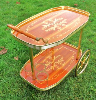 Bar Cart Italian Hollywood Regency Gold Chrome Wood Inlay Marquetry