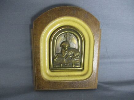 Antique Art Deco Brass in Wooden Frame Wall Hanging  Lamb of God   Agnus Dei