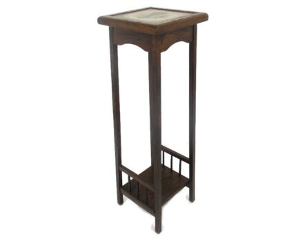Vintage wood Pedestal Display Table Plant Stand Tile Victorian scene Two Tier