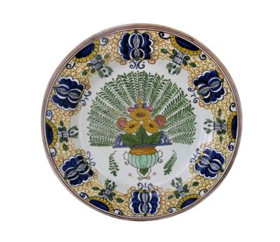 Antique Large Wall hanging Charger Plate poly-chrome Flower Basket Delft