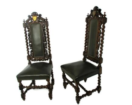 Antique Gothic Couple Throne chairs Barley Twist Lions Shields Swords Ornate