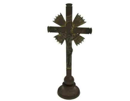 Antique XL Standing Altar Church Chapel Crucifix Jesus Christ Cross Brass 1800s