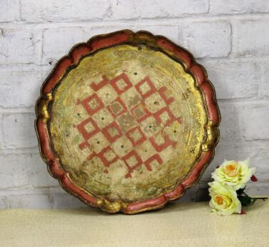 Italian Mid Century Hollywood Regency Florentine Round Serving Tray Pink Gold