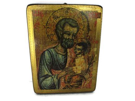 Vintage Florentine Wooden Icon Print On wood some Splashes of gold paint on top Saint Joseph Infant Child