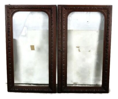 pair Antique French Carved Oak Door Glass Panels Reclaimed Architectural