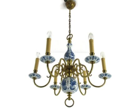 Dutch Delft Blue White Porcelain Ornate Brass Chandelier 6 Lights Arm Farm Style
