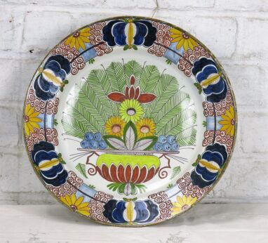 18th Century Large Polychrome Delft Wall hanging Charger Plate Flower Basket