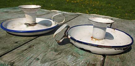 Two Vintage Enamel Candle Holders French France White Blue Rustic