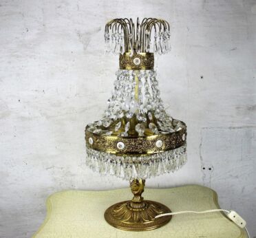 Table Lamp Limoges Medallions Crystal Prisms 4 Tier HTF Hollywood Regency