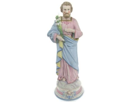 Antique Porcelain Bisque Statue Saint Joseph Angel Lilies Protector of homes Polychrome 20.47"