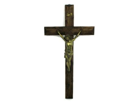 XL Wall Hanging hand Carved Wood Crucifix Cross Jesus Christ Brass Corpus 27.55"
