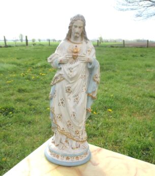 Belgian Antique Jesus Christ Chalk Plaster Statuette Catholic Church 16.34"