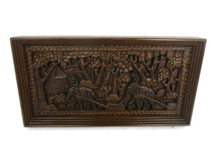 Hand Carved Wood Wall Art Panel Bas High Relief Eastern Scene with Elephants beautiful