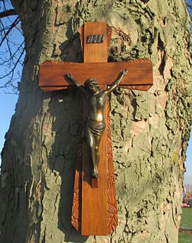 Large Carved Wood Jesus Christ Cross Wall hanging Crucifix Art Brass Corpus